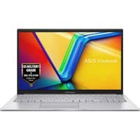 ASUS Vivobook 15 laptop, silver, 39.6", Intel Core i3, slim bezel, colorful screen, military grade durability badge.