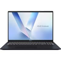 ASUS Vivobook 16 laptop with sleek black design, full keyboard, and vibrant screen displaying geometric graphics.