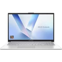 ASUS Vivobook Go 15 laptop, silver with a 39.6 cm screen, thin bezels, and AMD Ryzen 5 7520U branding.