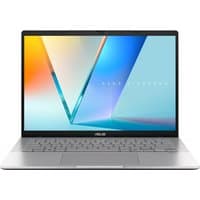 ASUS Vivobook S14 laptop with silver finish, 14-inch display, slim bezels, and backlit keyboard.