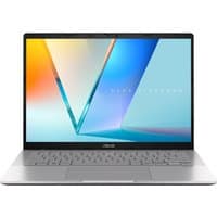 Silver ASUS Vivobook S14 laptop with 14" display, sleek design, and black keyboard.