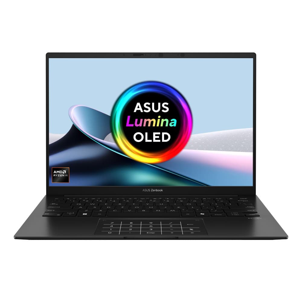 Sleek black ASUS Zenbook 14 OLED laptop featuring a vibrant 3K display, AMD Ryzen AI 7 PRO 350 processor, 16 GB RAM, 1 TB SSD, and a touchpad with illuminated number pad.