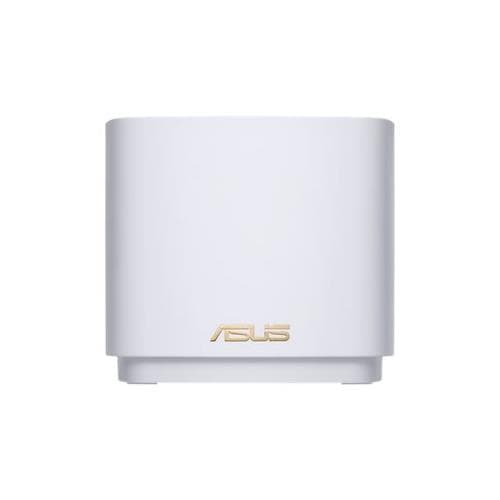 Two white Asus Zenwifi XD4 mesh WiFi units with a sleek, minimalist design, featuring a gold Asus logo on the front and a compact, square shape for whole-home coverage.