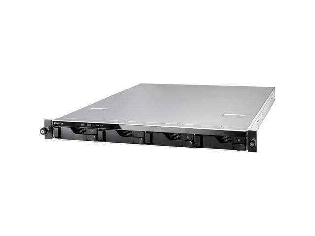 Silver 1U NAS rack featuring four black drive bays, sleek metal casing, and front panel with status indicators, designed for efficient data storage and management.