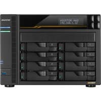 Black Asustor LOCKERSTOR 8 Gen3 NAS with eight drive bays, LED indicators, and digital display on the front panel.