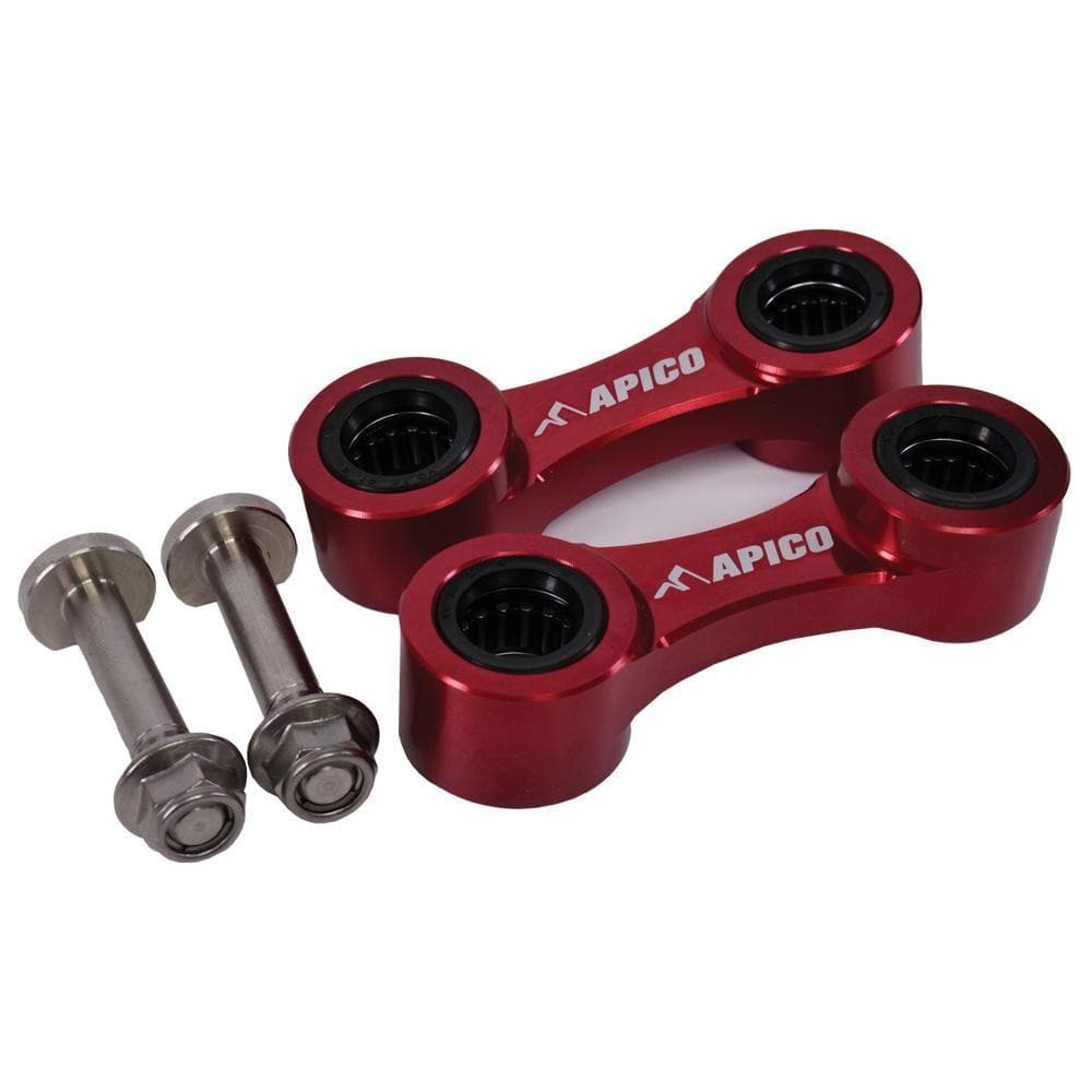 Red aluminum rear dog bone linkages with black bearings, featuring the "APICO" logo, accompanied by two stainless steel bolts, designed for Beta Evo models 2009-2024.
