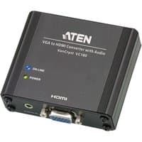 Black ATEN AT-VC180 VGA to HDMI converter with audio, featuring LED indicators and HDMI port.