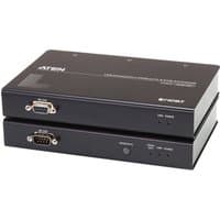 Black ATEN CE920 KVM extender with transmitter and receiver, featuring multiple ports and LED indicators.
