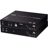 Black ATEN CE980 KVM switch with USB ports, audio jacks, and LED indicators on the front panel.
