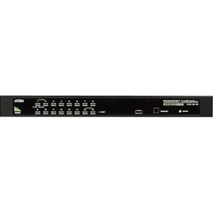 16-Port USB/PS2 Combo KVM switch by Aten, featuring a sleek black metal chassis, multiple input buttons, and LED indicators for easy device management.
