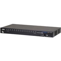 Black ATEN CS17916 KVM switch with multiple ports, rack mounting design, and front panel buttons.