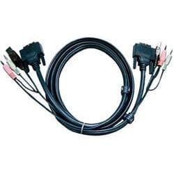 Black 1.8m DVI-D Dual Link USB KVM cable featuring dual DVI connectors and audio jacks, designed for connecting multiple devices.
