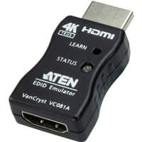 ATEN True 4K HDMI EDID Emulator Adapter, black with HDMI ports, status lights, and "LEARN" button.