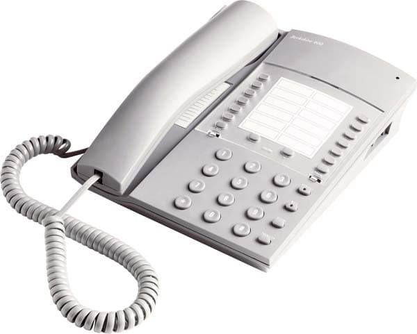 Grey ATL Berkshire 400 DECT telephone featuring a coiled handset, a numeric keypad, and a large button layout with a sleek, modern design.