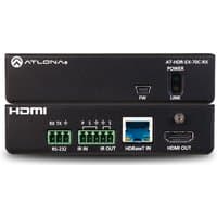 Black Atlona AV extender with HDMI, Ethernet ports, and labeled connections for RS-232, IR In/Out, and HDMI Out.