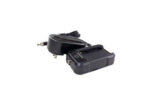 Fast battery charger and power supply in black plastic, featuring a sleek design with a charging dock and a detachable power cable.