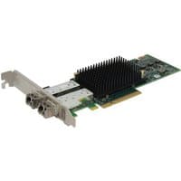 PCIe interface card with dual ports, black heatsink, and green circuit board by Atto.