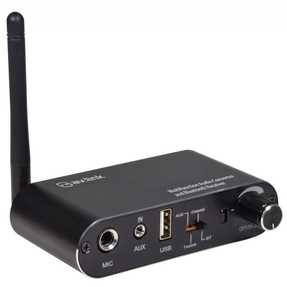 Black metal audio converter with Bluetooth receiver, featuring USB and AUX inputs, a coaxial output, a volume knob, and an antenna for wireless connectivity.