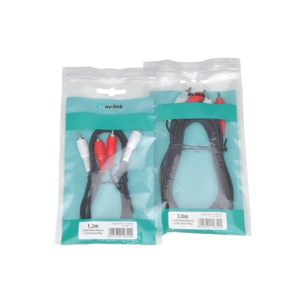 Two transparent packages containing AV:Link RCA cables, one with red and white plugs, labeled 1.2m, and another with similar plugs, labeled 3.0m, both on a teal background.