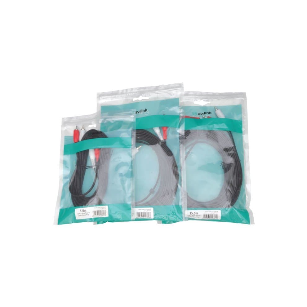 Two 5.0m RCA plug leads in black, packaged in clear plastic with green labels, featuring red and white connectors for audio connections.