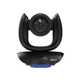 Black ceiling mount for conference equipment featuring a sleek design, rounded edges, and a prominent lens at the center, with a blue accent light at the base.