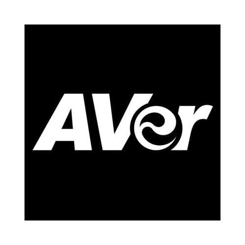 Black background featuring the AVer logo in white, with a stylized "e" that resembles a swirl, emphasizing the brand's modern design.