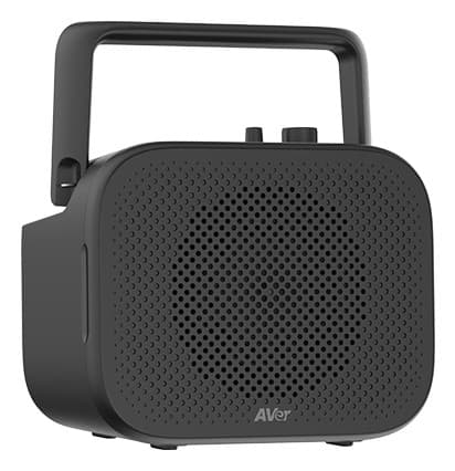Portable black stereo system with a perforated speaker grille, adjustable volume knobs, and a sturdy handle for easy transport, designed for digital audio with 30 W output.