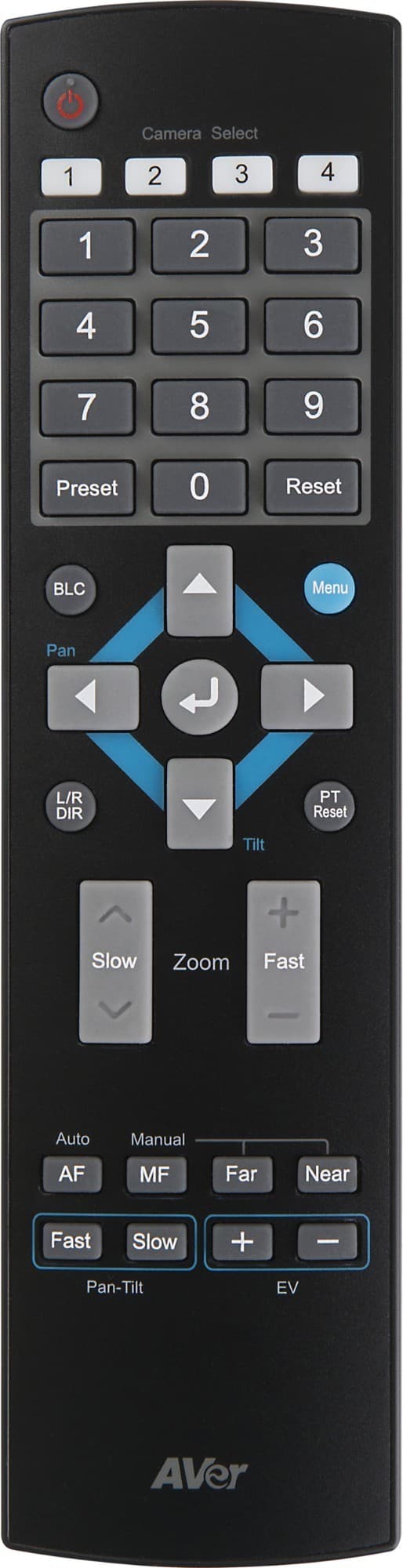 Black remote control with a numeric keypad, directional arrows, and buttons for pan, tilt, zoom, and menu functions, designed for AVer PZ Series cameras.