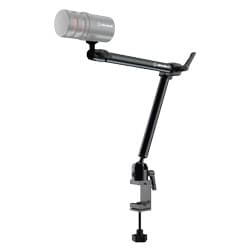 AVerMedia Flexi Go Multi-Angle Mic Arm features a sleek black metal arm with adjustable joints, a sturdy clamp base, and a silver microphone holder for versatile positioning.
