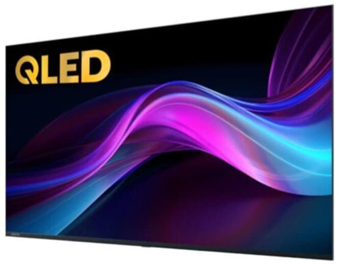55-inch Avocor AVK-5510 K-10 Series 4K display monitor featuring a sleek design with vibrant QLED technology, showcasing flowing purple and blue abstract graphics.