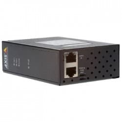 Black metal PoE adapter with two Ethernet ports, labeled "OUT" and "IN," and ventilation holes on the side, featuring the AXIS logo on the top.