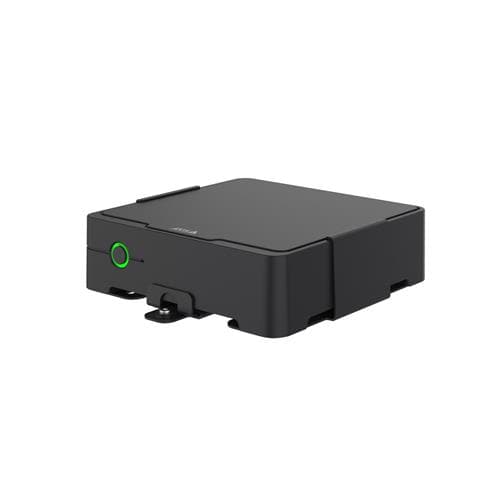 Black rectangular gateway/controller with a smooth surface, featuring a green power indicator and a detachable clip on the bottom for mounting.