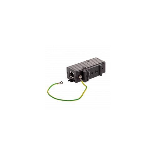 Black Ethernet surge protector with a metal housing, featuring an Ethernet port, a grounding wire in green and yellow, and mounting holes for installation.