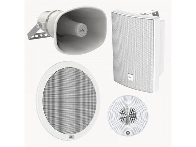 White AXIS 02324-001 network ceiling speaker featuring a sleek design with a round and rectangular shape, metal grille, and mounting brackets for easy installation.