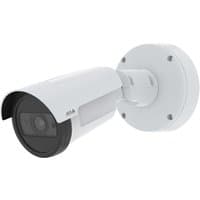 White Axis Bullet IP security camera with cylindrical body, wall mount, and protective hood.