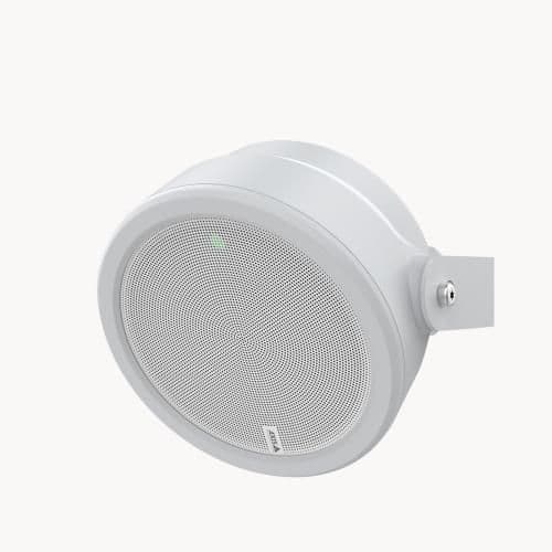 White circular AXIS C1610-VE speaker system with a metal mesh grille, featuring a green indicator light and a mounting bracket for easy installation.