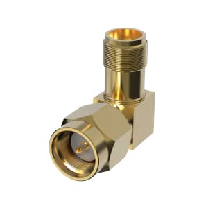Gold-plated cable gender changer with a right-angle design, featuring a threaded connector and a smooth, shiny finish for enhanced conductivity.