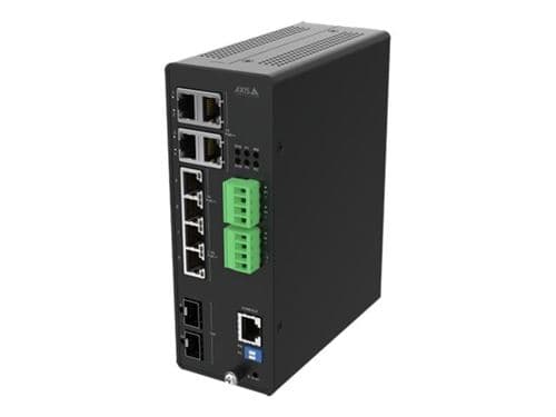 Black managed network switch with multiple Ethernet ports, including 10G, 1G, and 100M options, featuring green terminal blocks and a compact design for efficient connectivity.