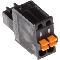 "Grey Axis 5505-261 wire connector, 2-pin, with orange clips and labeled A and B"