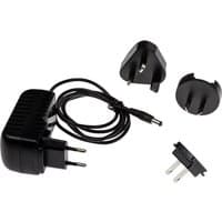 Black AXIS mobile device charger with EU plug, detachable cable, and two additional plug adapters for indoor use.