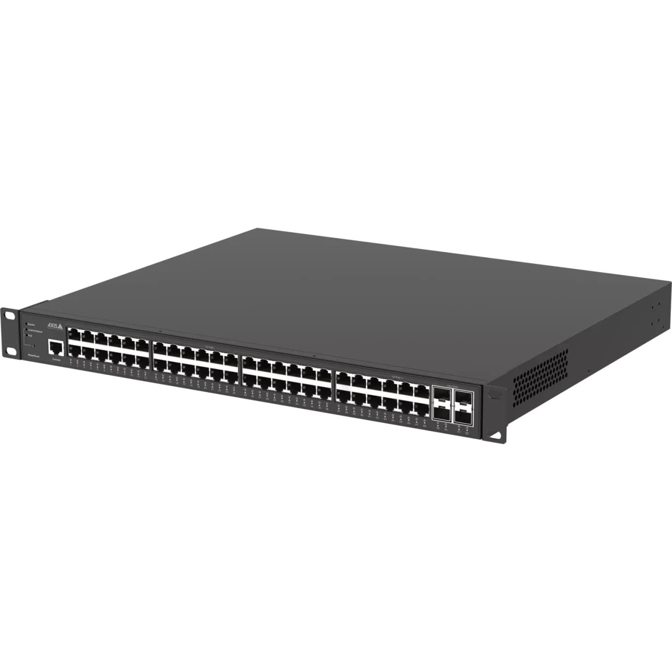 Black managed L2 Gigabit Ethernet switch with 48 ports, featuring Power Over Ethernet capability, designed for rack mounting with ventilation slots on the side.