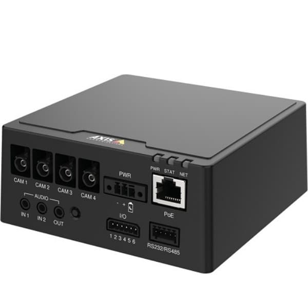 Black 4-channel main unit with four camera inputs, audio inputs and outputs, Ethernet port, and LED indicators for power, status, and network connectivity.