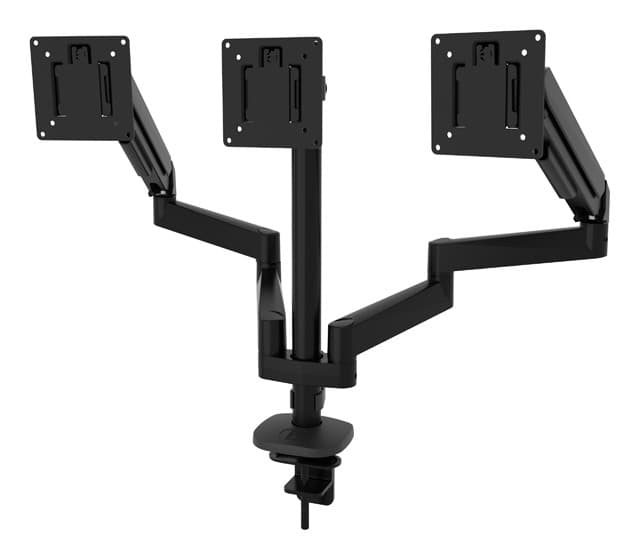 Black B-Tech BT7353/B monitor mount with dual adjustable arms, designed for two 32" screens, featuring a sturdy clamp base and VESA-compatible mounting plates.