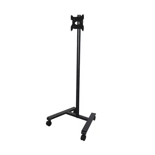 Black mobile TV stand with a sturdy metal frame, designed for 55-inch screens, featuring a height-adjustable mount and four caster wheels for easy mobility.