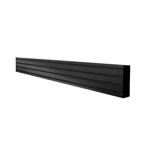 Black aluminum mounting rail with a sleek, elongated design featuring multiple grooves for versatile accessory attachment, ideal for signage display setups.
