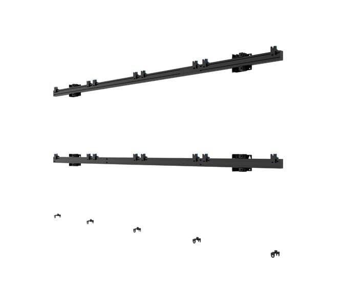 Black metal mounting rail system with multiple adjustable brackets, designed for versatile installation of displays or equipment.