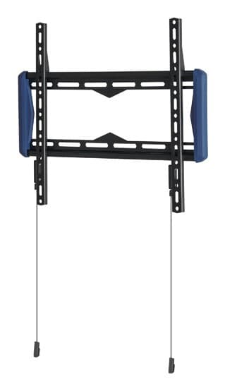 Fixed wall mount for 65" TVs, featuring a black metal frame with blue plastic accents, designed for secure flat installation.