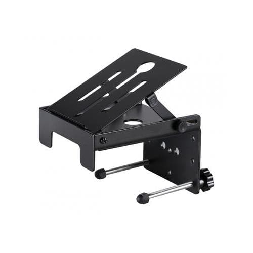 Black metal mounting cradle with adjustable angle and slotted surface, designed for securing Mersive Solstice Pod, featuring sturdy support arms and a knob for tightening.