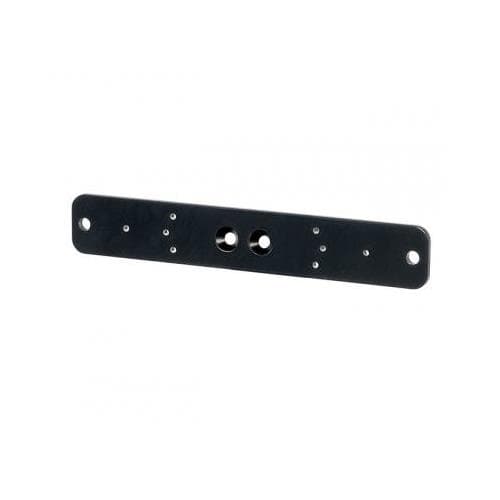 Black metal mounting plate featuring multiple holes for secure attachment, designed for compatibility with Bose Videobar VB1, Neat.Bar, Yealink MSpeaker II, and Logitech Rally Plus.