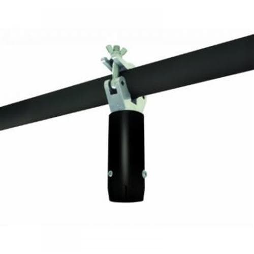 B-Tech SYSTEM 2 truss clamping mount features a black cylindrical body with a silver metal clamp, designed for securely attaching to Ø50mm poles.